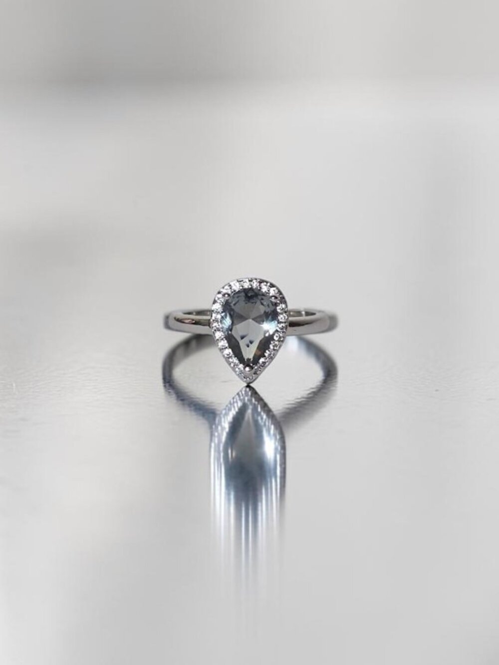 Moon Dust Pear Cut / Teardrop Gray CZ Gemstone Halo Ring - Size 7 - NWT